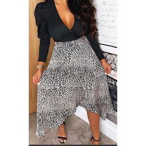 Ax Paris Animal Leopard  Print Long Sleeve Wrap Midi Dress Side Tie Split Leg